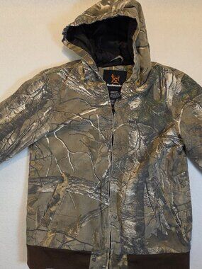 Bushmaster Realtree Camo Hooded Canvas Jacket Youth Size M 8/10 Hunting Outdoors